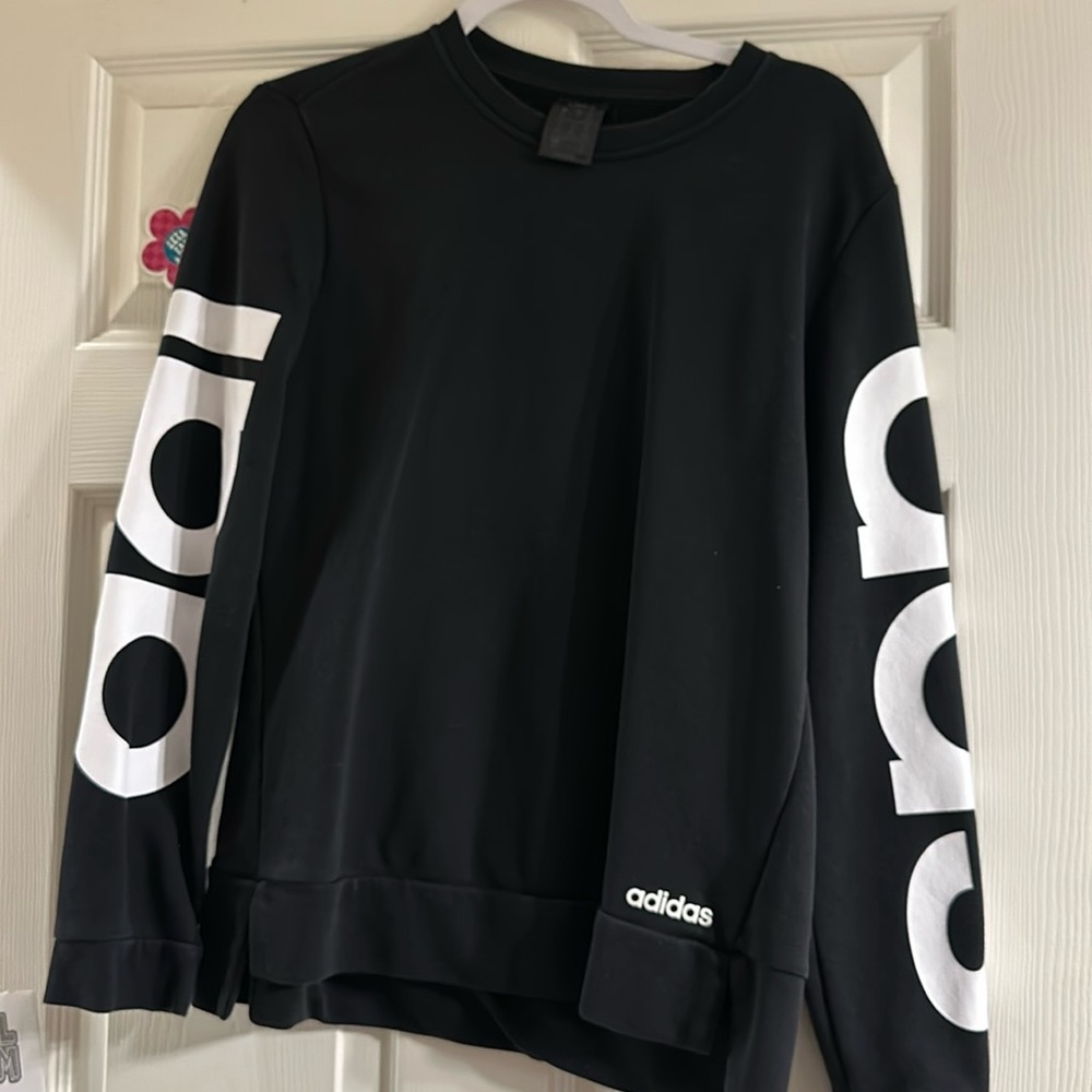 Adidas sweatshirt with letters down sleeves,, size: adult medium color: black